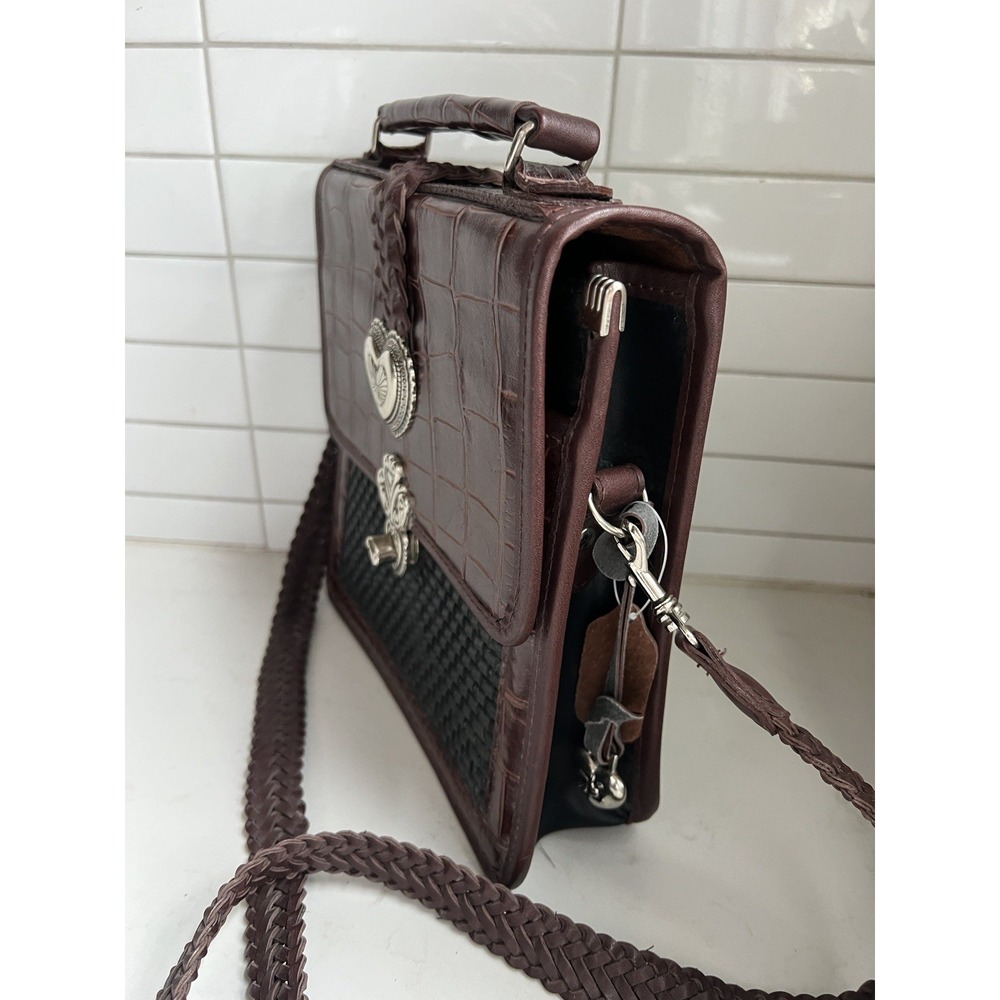 Brighton Mini Briefcase Crossbody w/ Card Slots Brown Black Silver Purse Hearts - Picture 7 of 16